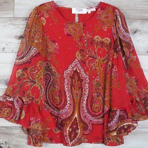 NIZA* Women's 3/4 Sleeve Crew Neck Keyhole Curved Hem Sheer Lined Blouse~Size 38